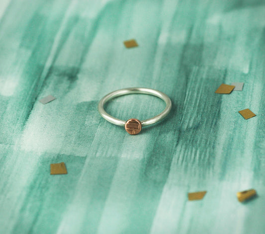 Tiny Sterling Silver Circle Ring with Woven Copper Texture